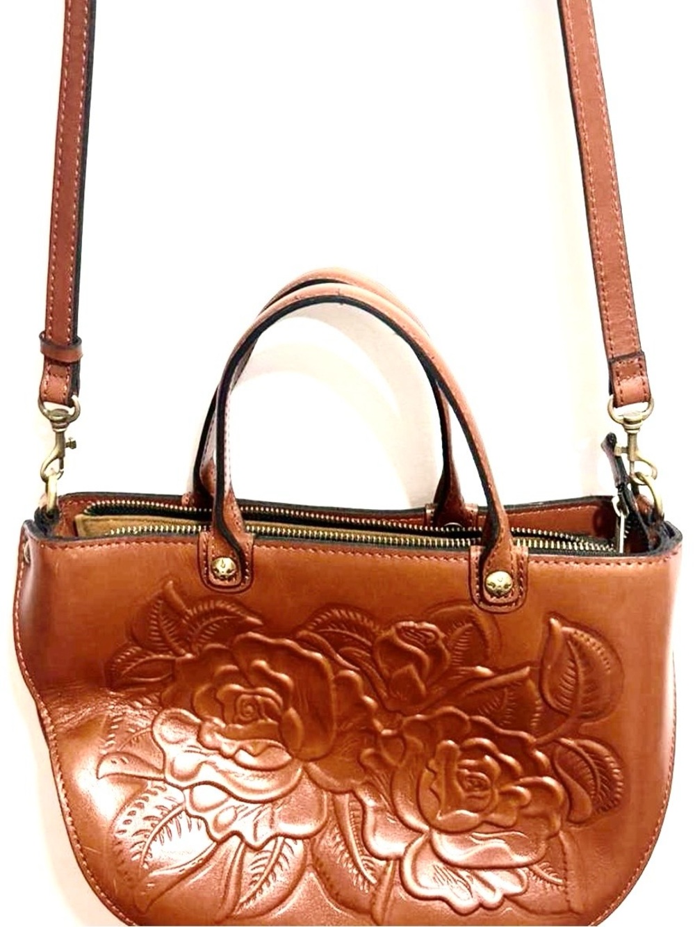 Patricia Nash Fairford Embossed Leather Satchel Shoulder Bag in Cognac - Picture 5 of 6